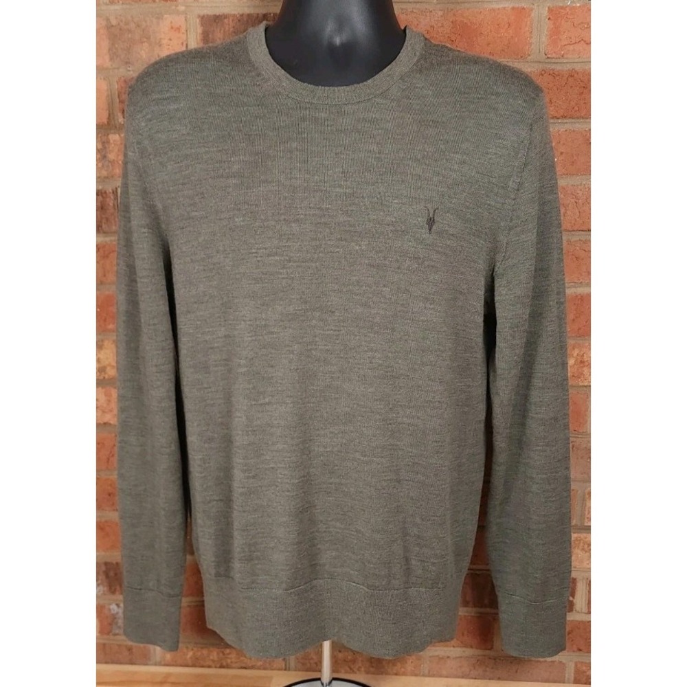All Saints Mens Large Merino Crew Neck Ramskull Sweater Lightweight Green